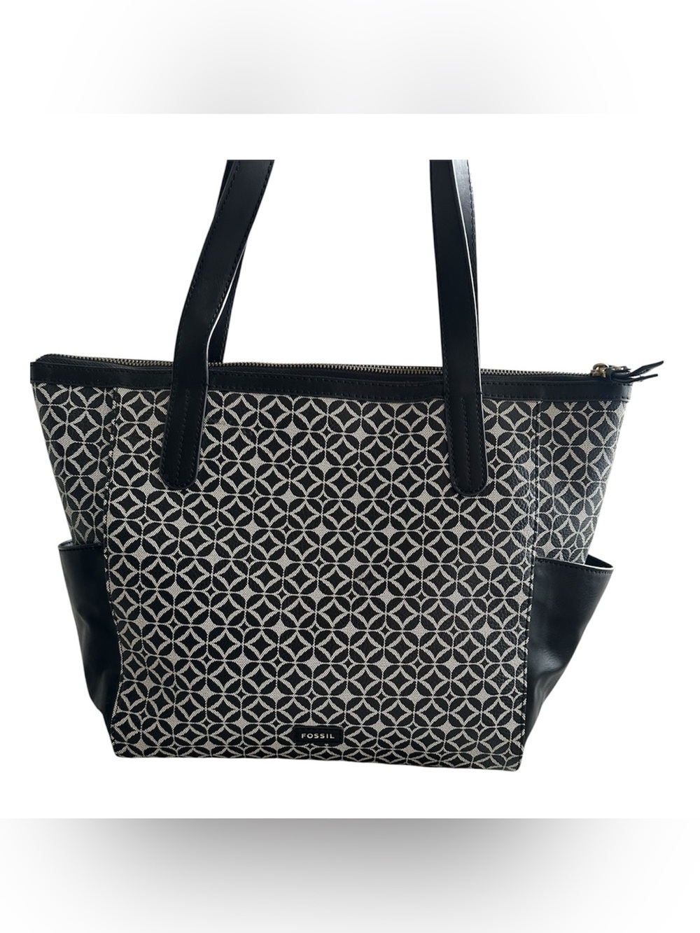 FOSSIL Mimi Geometric Print Zip Tote Black Gray Coated SHB1186 Women's Purse